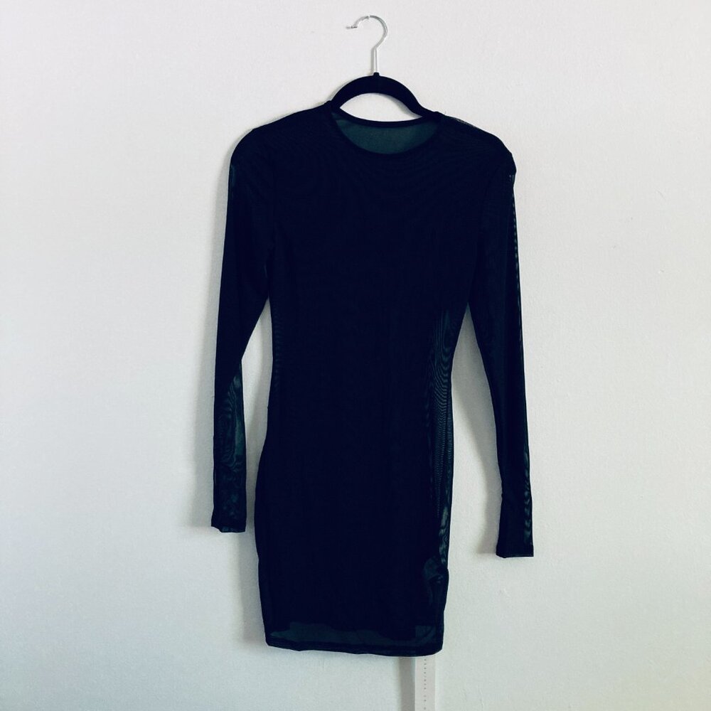 Black Mesh Body-con Mini Dress with Thumb Holes XS - Picture 2 of 5